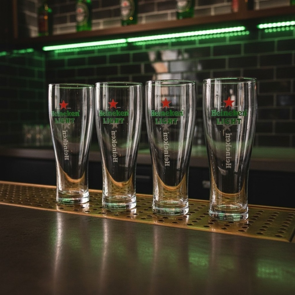 Heineken Light Beer Pilsner Glasses, Set of 4, Red Star Logo Design, Replacement